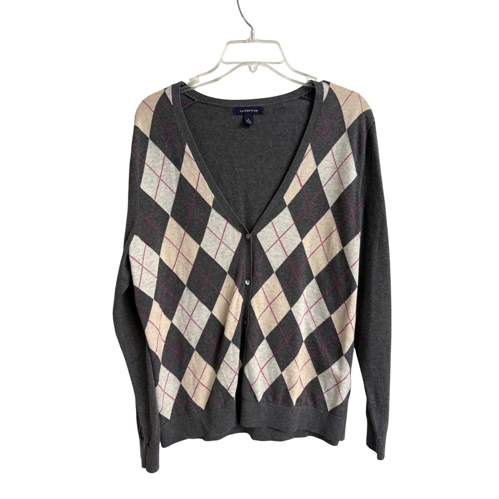 Lands End Womens Argyle V-Neck Cardigan Sweater Grey Cotton Size L 14-16 Preppy